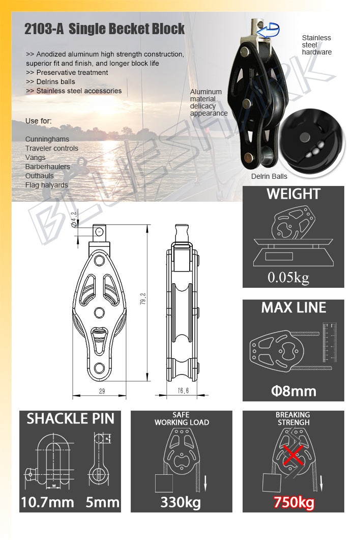 Blueshark 28mm Single Block with Becket and Swivel