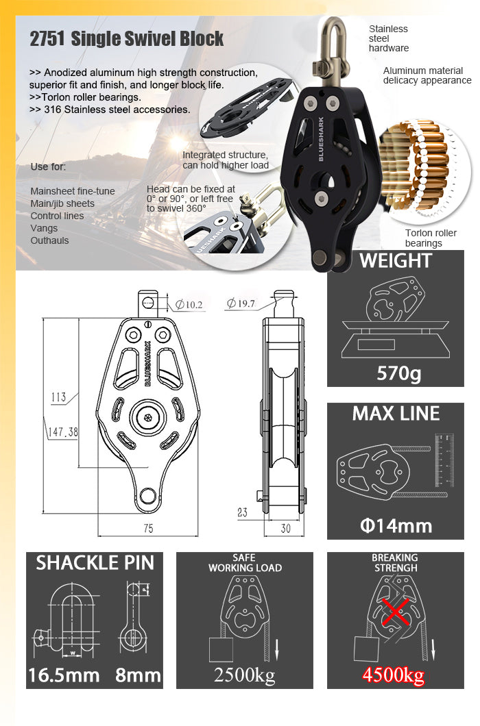 75mm Torlon Roller High Load Single Block with Becket