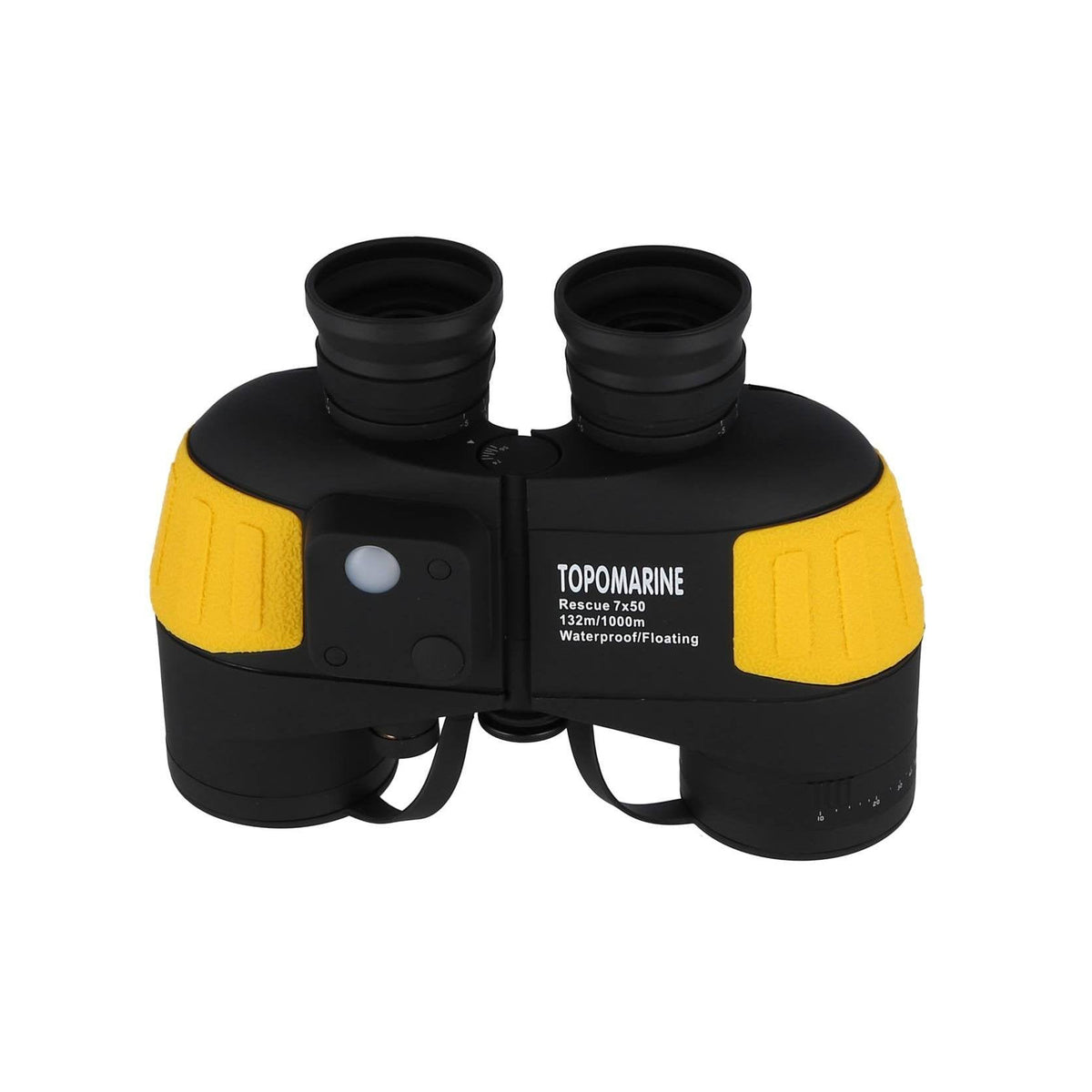 Black and yellow Topmarine waterproof binoculars with a strap, shown on a plain white background.